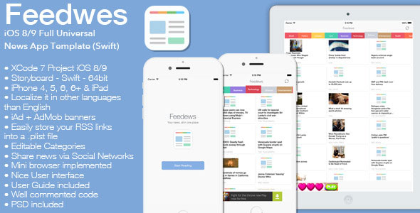 Feedews - iOS 8/9 Universal News App Template (Swift)