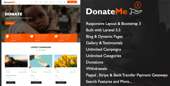 DonateMe v1.1 - Crowdfunding Laravel Script