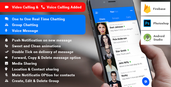 YooHoo v5.0 - Android Chatting App with Voice/Video Calls, Voice messages + Groups -Firebase | Complete App