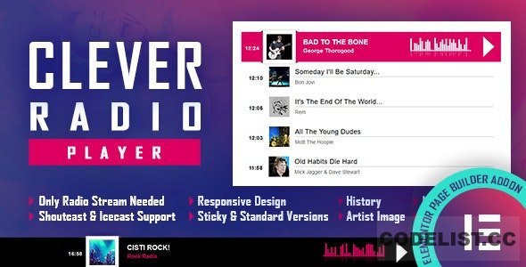 CLEVER v1.0.0 - HTML5 Radio Player With History - Shoutcast and Icecast - Elementor Widget Addon