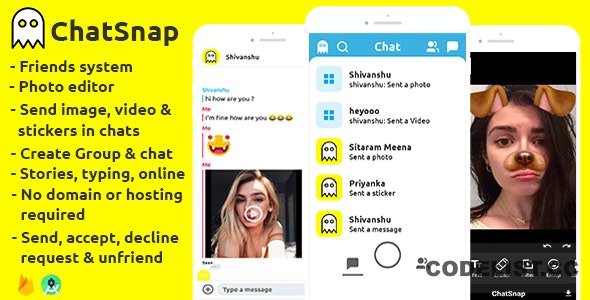 ChatSnap v1.0 - Snapchat clone social network friend group chat photo editor + android studio + firebase