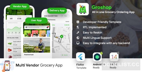 GroShop v2.1 - Grocery Flutter App Template | 3 Apps | User App + Seller App + Delivery App