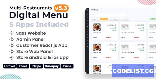 Chef v5.3 - Multi-restaurant Saas - Contact less Digital Menu Admin Panel with - React Native App