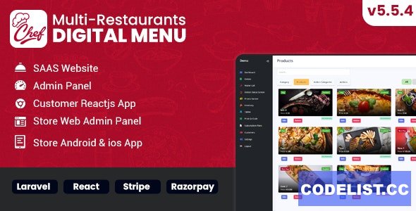 Chef v5.5.4 - Multi-restaurant Saas - Contact less Digital Menu Admin Panel with - React Native App