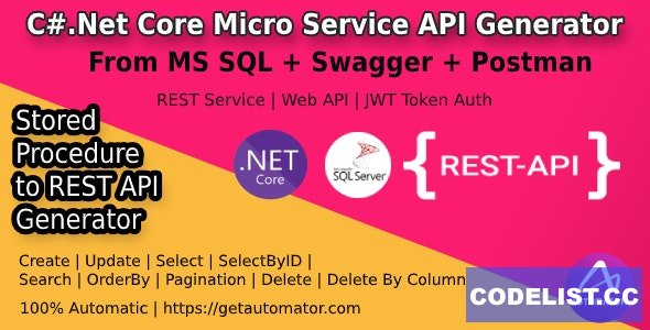 MS SQL to .Net Core Rest API Generator + JWT Auth + Swagger + Postman v1.4