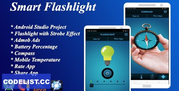 Smart Flashlight + Strobe Effect With Battery Percentage + Temperature + Composs v1.0