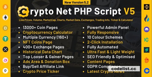 Crypto Net v5.2 - CoinMarketCap, Prices, Chart, Exchanges, Crypto Tracker, Calculator & Ticker PHP Script 