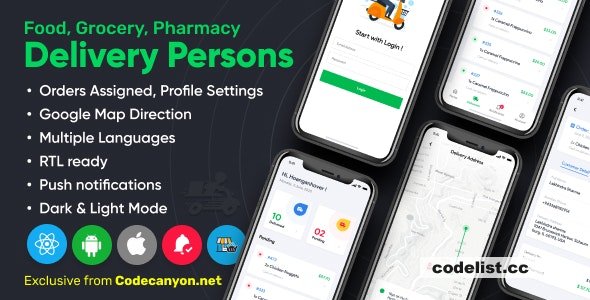 Delivery Person for Food, Grocery, Pharmacy, Stores React Native - WordPress Woocommerce App v2.3.0