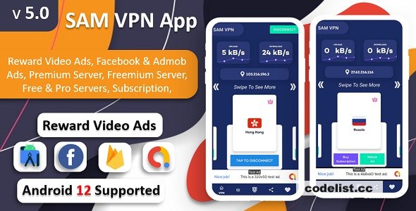 SAM VPN App v5.0 - Secure VPN and Fast Servers VPN | Reward Video Ads | Subscription | Admob & FB Ads