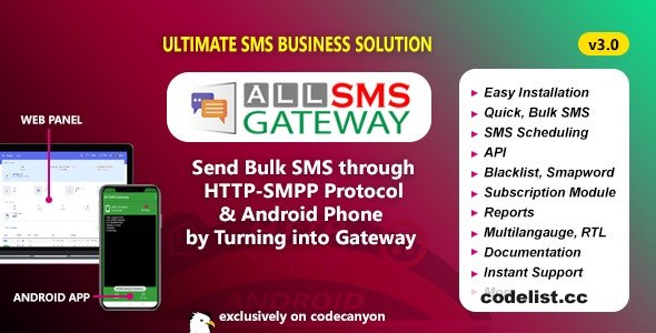 All SMS Gateway v3.0 - Send Bulk SMS through HTTP-SMPP Protocol & Android Phone by Turning into Gateway