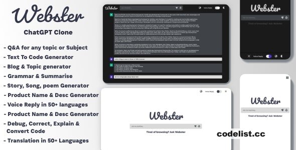Webster v1.0 - ChatGPT Clone Text to Code Q&A Blog Generator Grammar Summarise Translate SEO Page Builder 