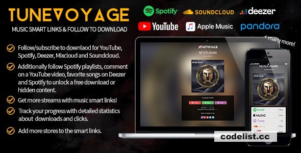 TuneVoyage v1.7 - Smart Links & Follow To Download (Spotify/YouTube/Deezer/Soundcloud/Mixcloud)