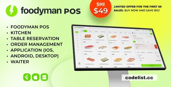 Foodyman POS v1.0 - A single restaurant POS Kitchen Table Reservation + Waiter Application (iOS, Android, Desktop)