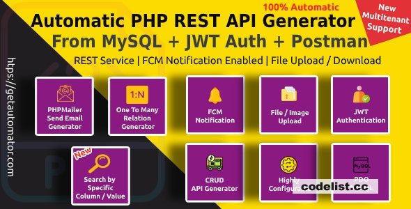 Automatic PHP REST API Generator + Postman Docs from MySQL Database With JWT Token Authentication v4.9