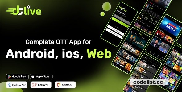 DTLive v1.5 - Flutter 应用程序（Android - iOS - 网站）电影 - 电视剧 - 直播电视 - OTT - 管理面板